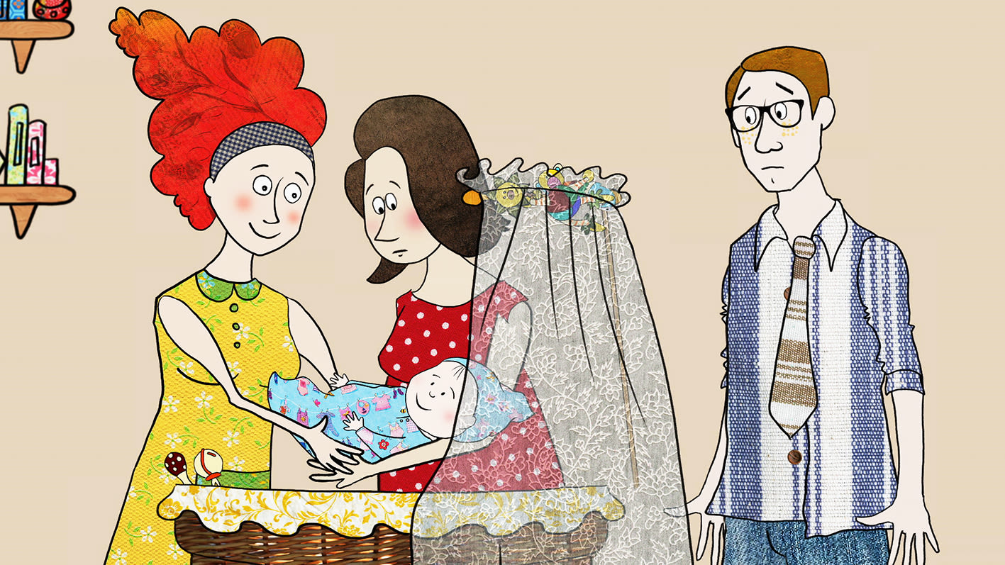 Illustrierte Szene: zwei Frauen reichen ein Baby über eine Wiege, ein Mann schaut besorgt zu