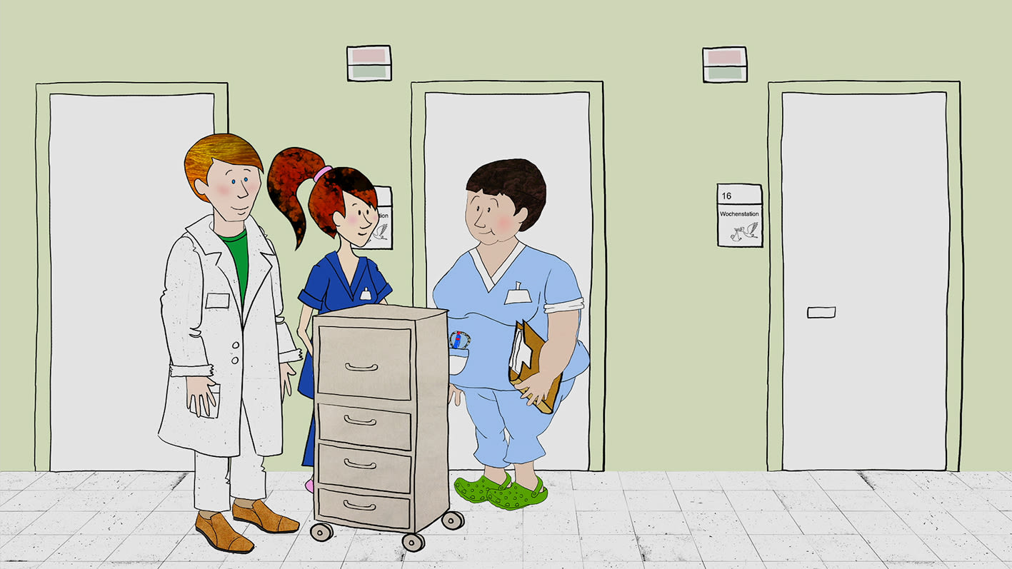 Illustrierte Szene: ein Arzt und zwei Pflegekräfte mit einem Rollwagen auf einem Klinikflur