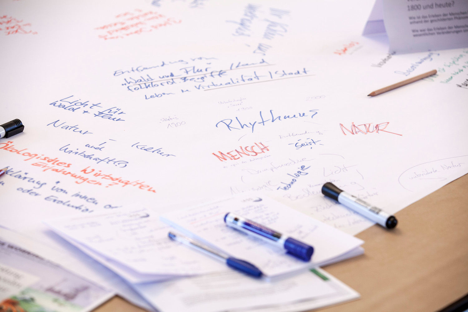 Handbeschriebenes Flipchart-Blatt mit Begriffen wie „Natur“ und „Mensch“ samt Stiften