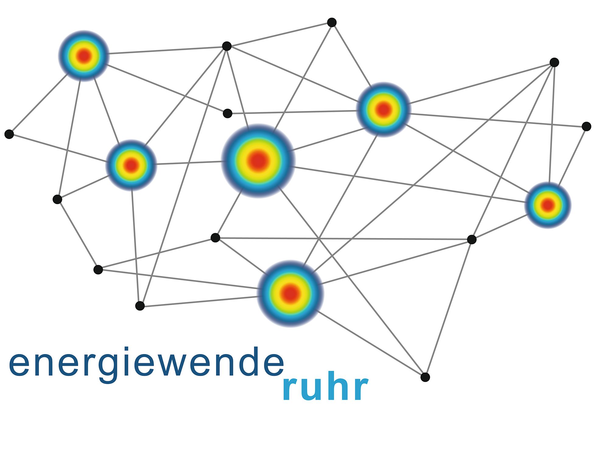 Illustrierte Netzwerkgrafik mit farbigen Punkten und dem Schriftzug „energiewende ruhr“