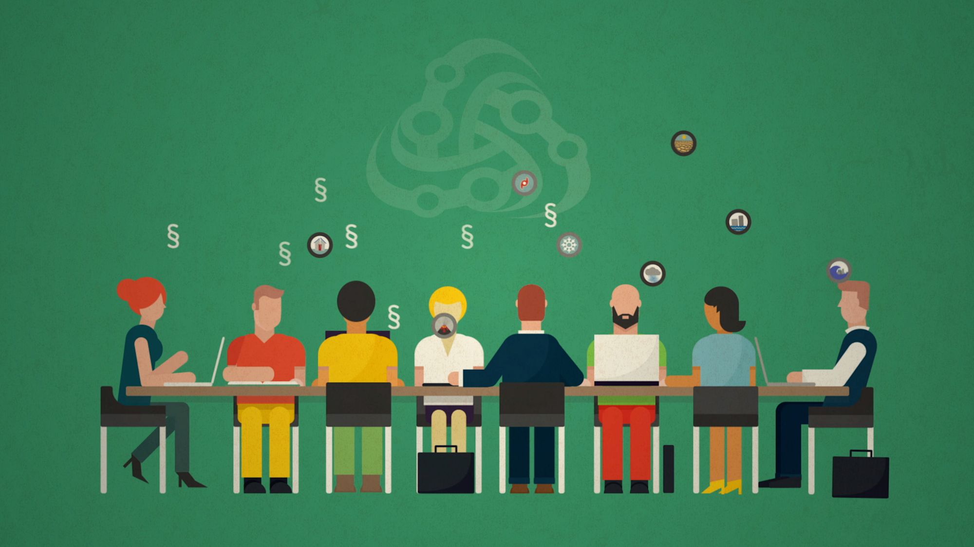 Illustrierte Szene: Menschen sitzen mit Laptops am Konferenztisch, darüber schweben Themen-Icons