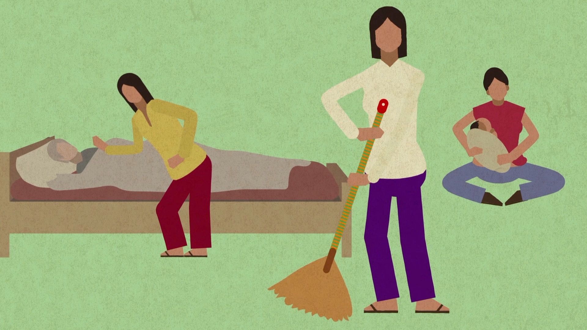 Illustrierte Szene: Frauen bei Hausarbeit und Pflege, eine kehrt, eine trägt ein Kind