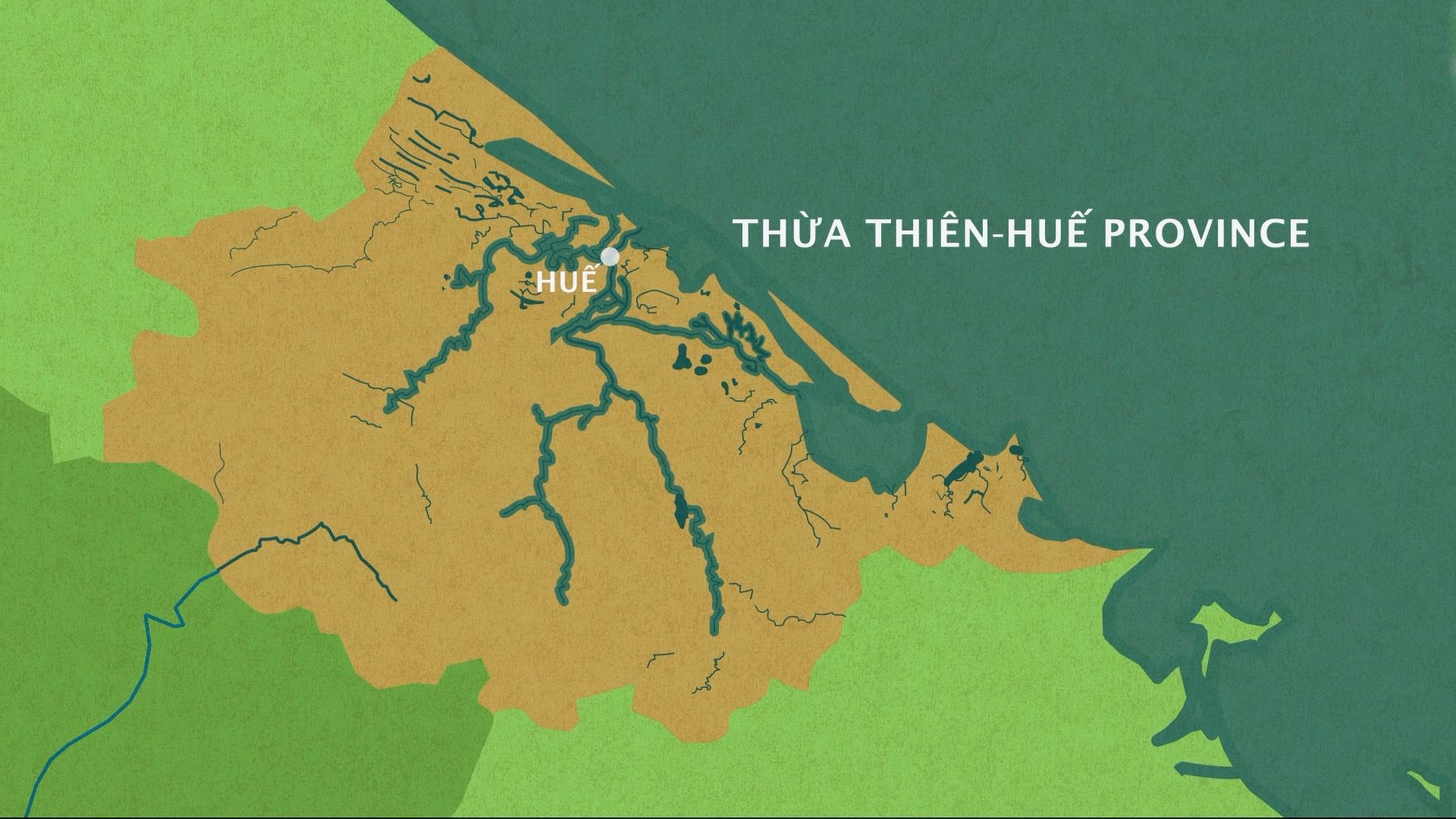 Kartografische Darstellung der Provinz Thừa Thiên-Huế mit Flüssen und der Stadt Huế
