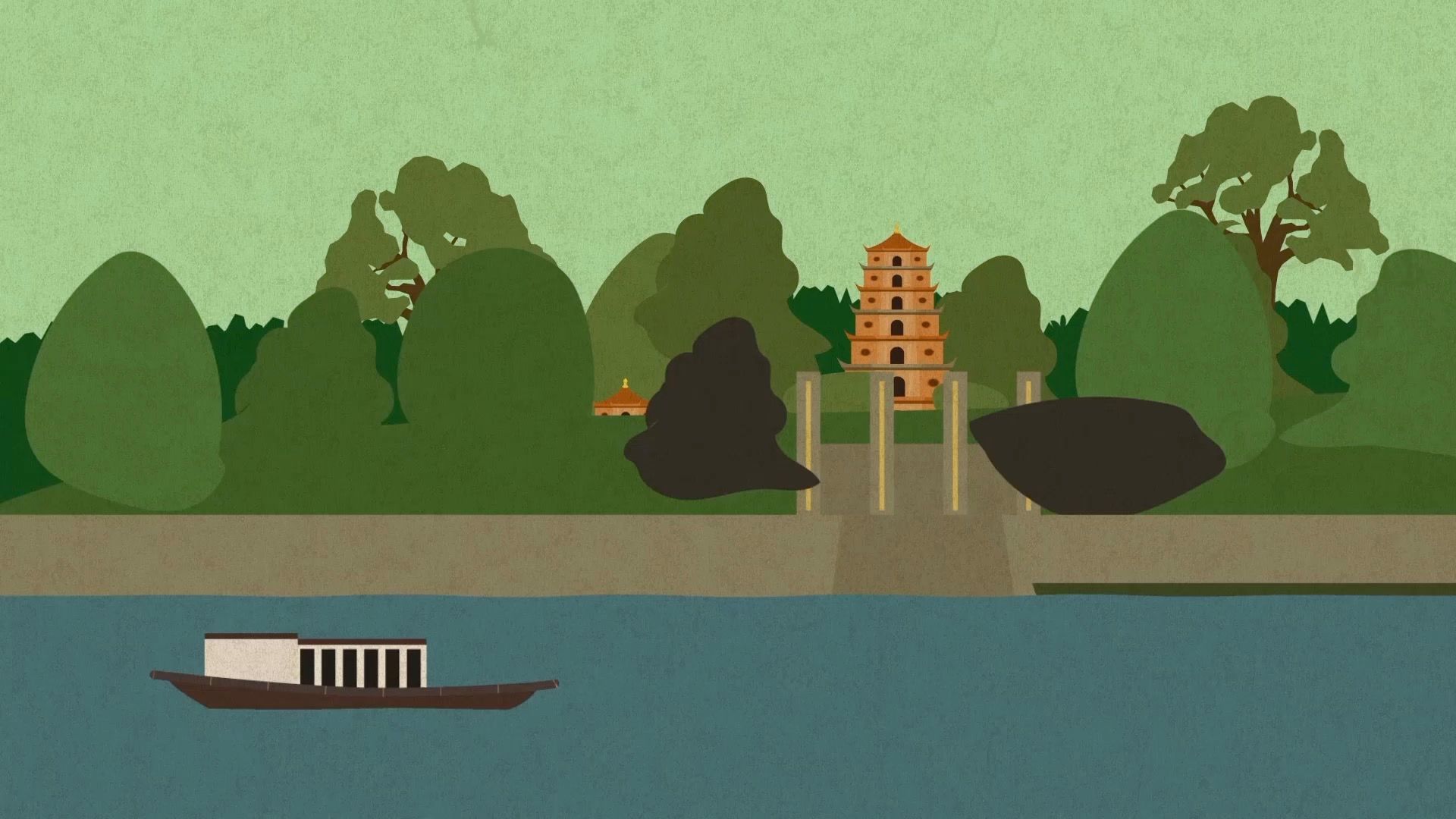 Illustrierte Flusslandschaft mit Pagode am Ufer und einem Boot davor