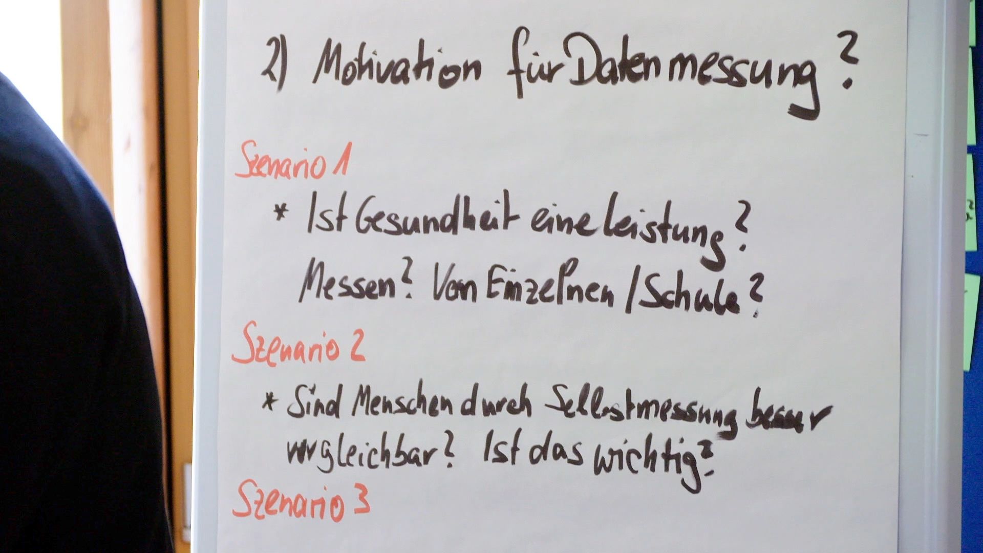 Flipchart mit handschriftlicher Notiz „Motivation für Datenmessung?“ und Szenarien