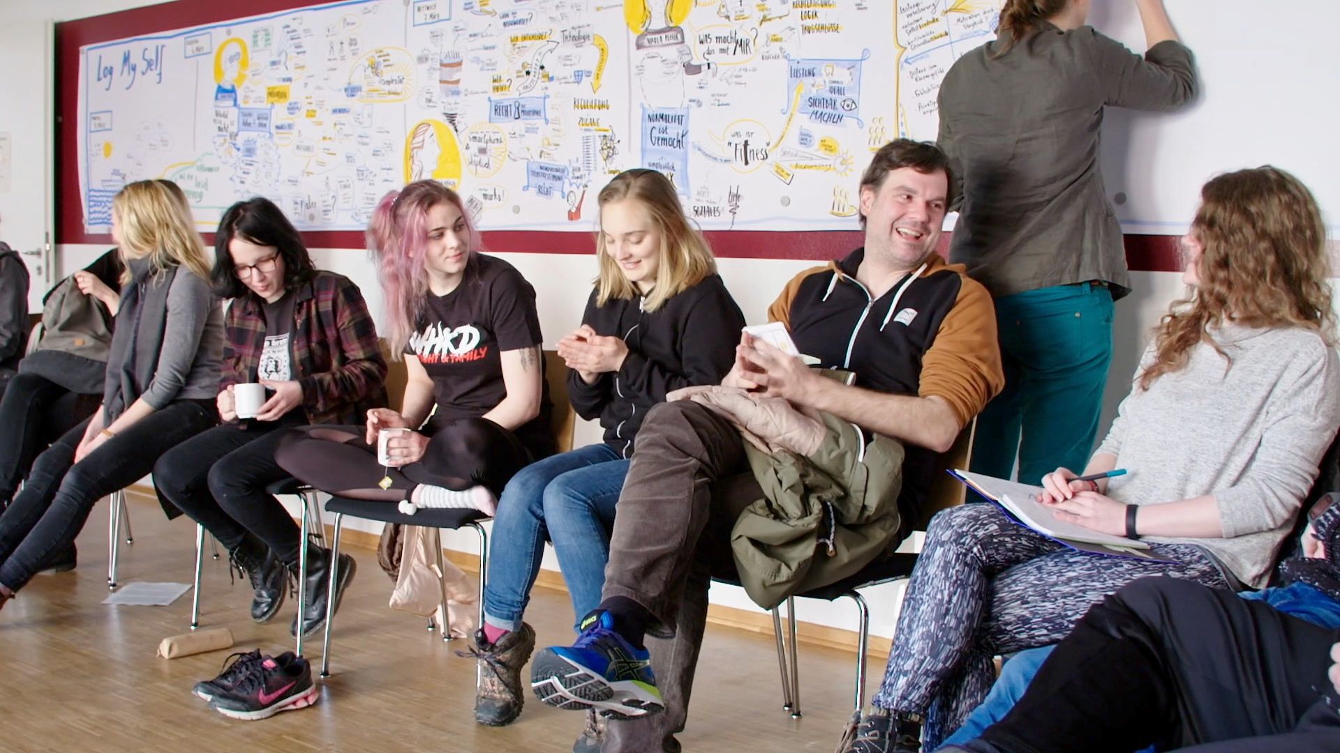 Gruppe sitzt lachend vor einer Wand voller Notizen zum Workshop „Log My Self“