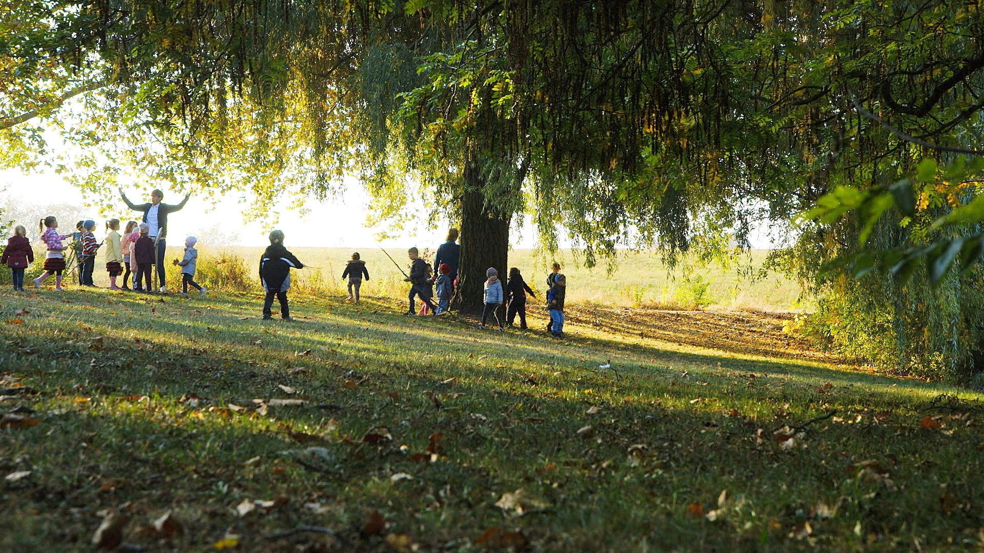 Kinder gehen im Gegenlicht unter einem Baum entlang, ein Betreuer mit ausgebreiteten Armen