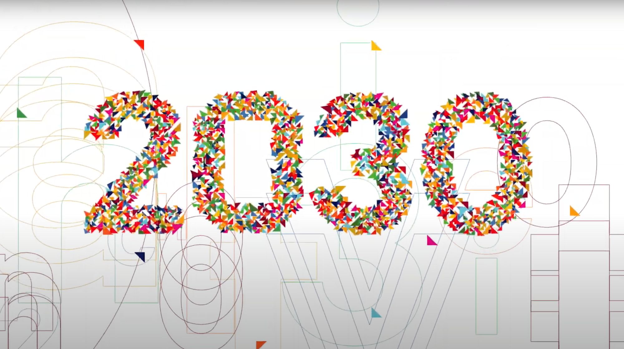 Animierte Titelgrafik mit der bunten Zahl „2030“ aus vielen kleinen Dreiecken