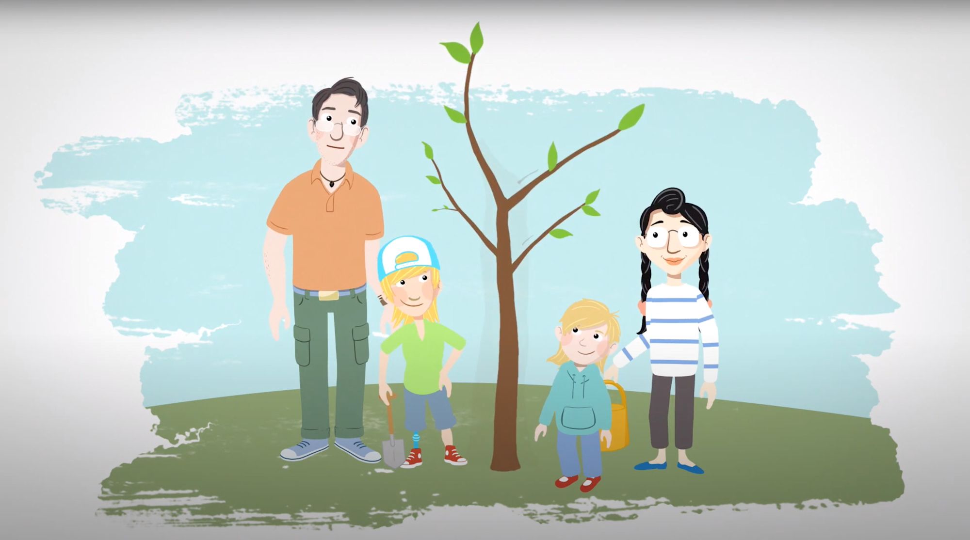 Illustrierte Szene: Familie mit Vater, zwei Kindern und Mutter pflanzt gemeinsam einen Baum