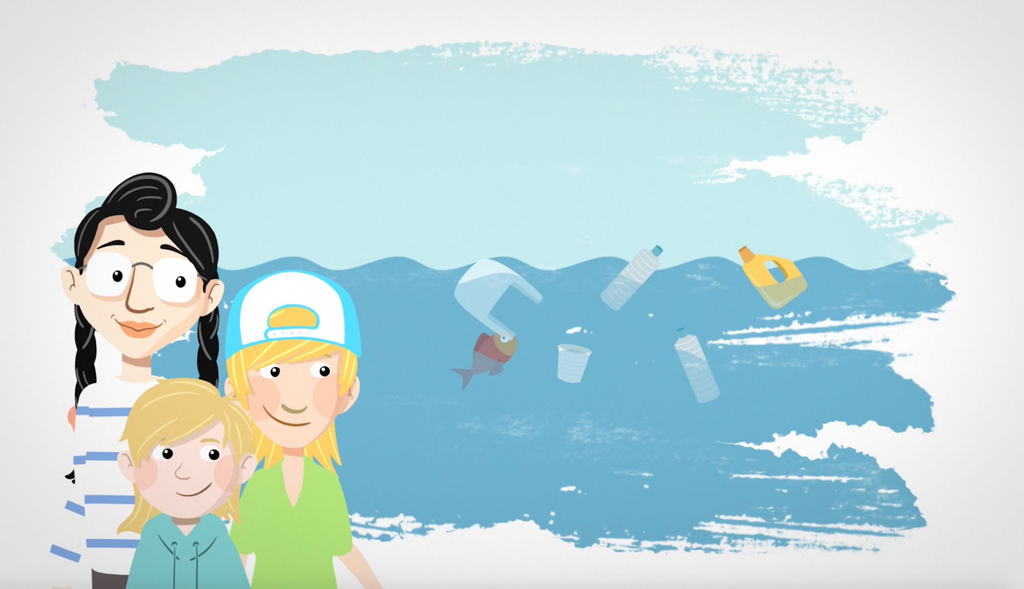 Illustrierte Szene: Mutter und zwei Kinder blicken auf ein Meer voller Plastikmüll und einen Fisch