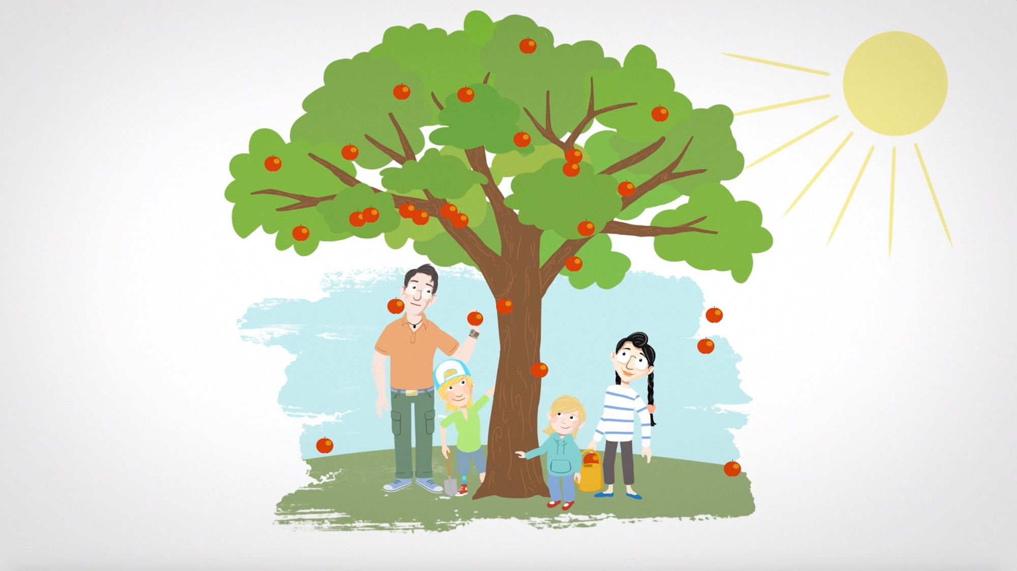 Illustrierte Szene: Familie steht unter einem großen Apfelbaum in der Sonne