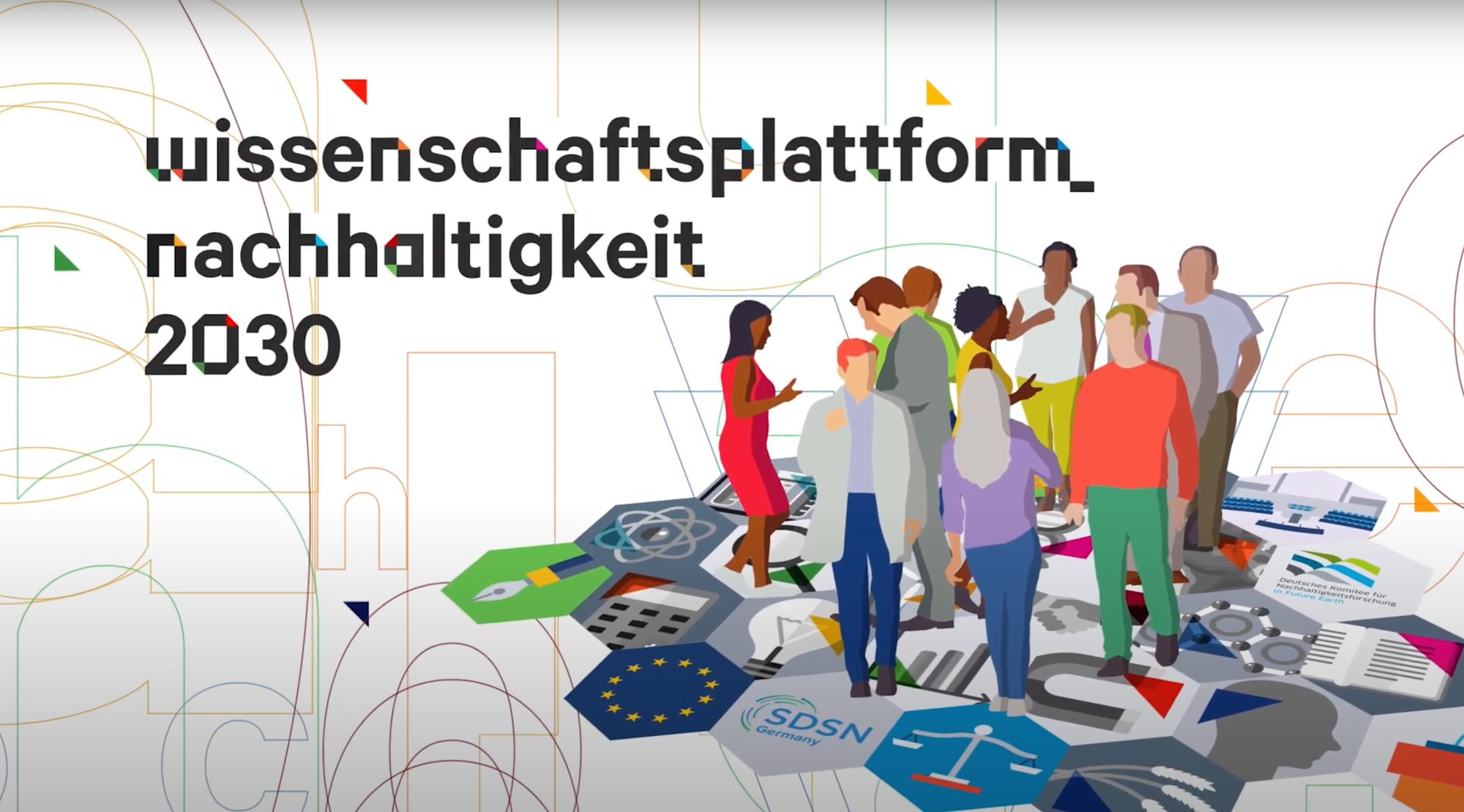 Titelkarte „Wissenschaftsplattform Nachhaltigkeit 2030“ neben illustrierten Personen auf Symbolfeldern