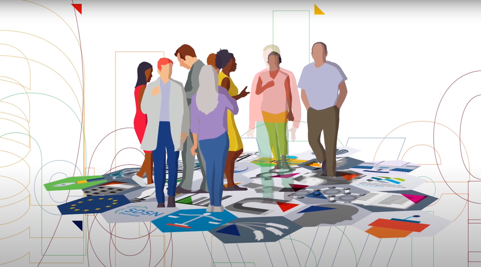 Illustrierte Szene: eine Gruppe von Personen steht auf einer Fläche aus bunten Themen-Icons