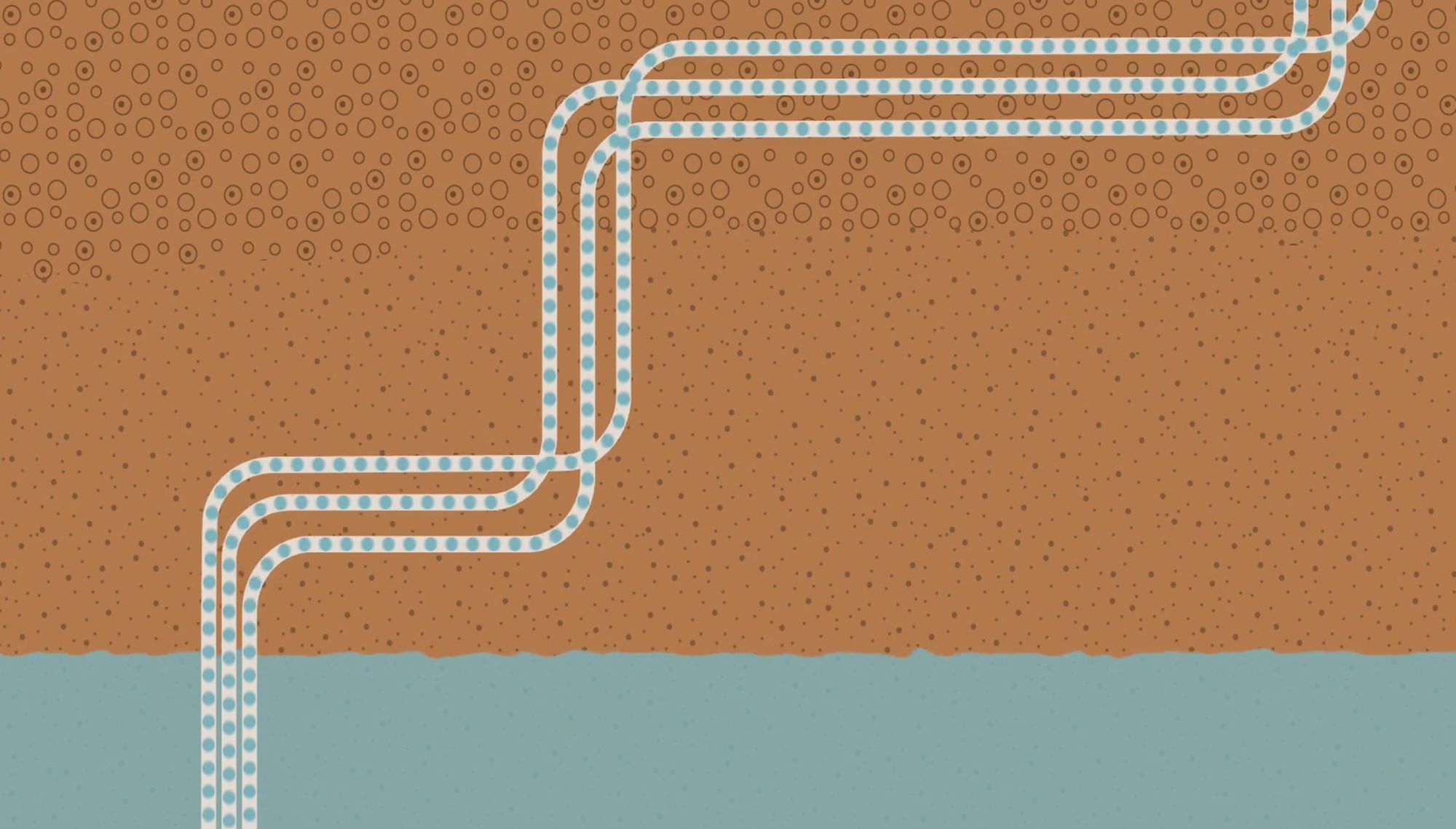Illustrierte Animation: drei unterirdische Rohrleitungen führen Wasser ins Grundwasser