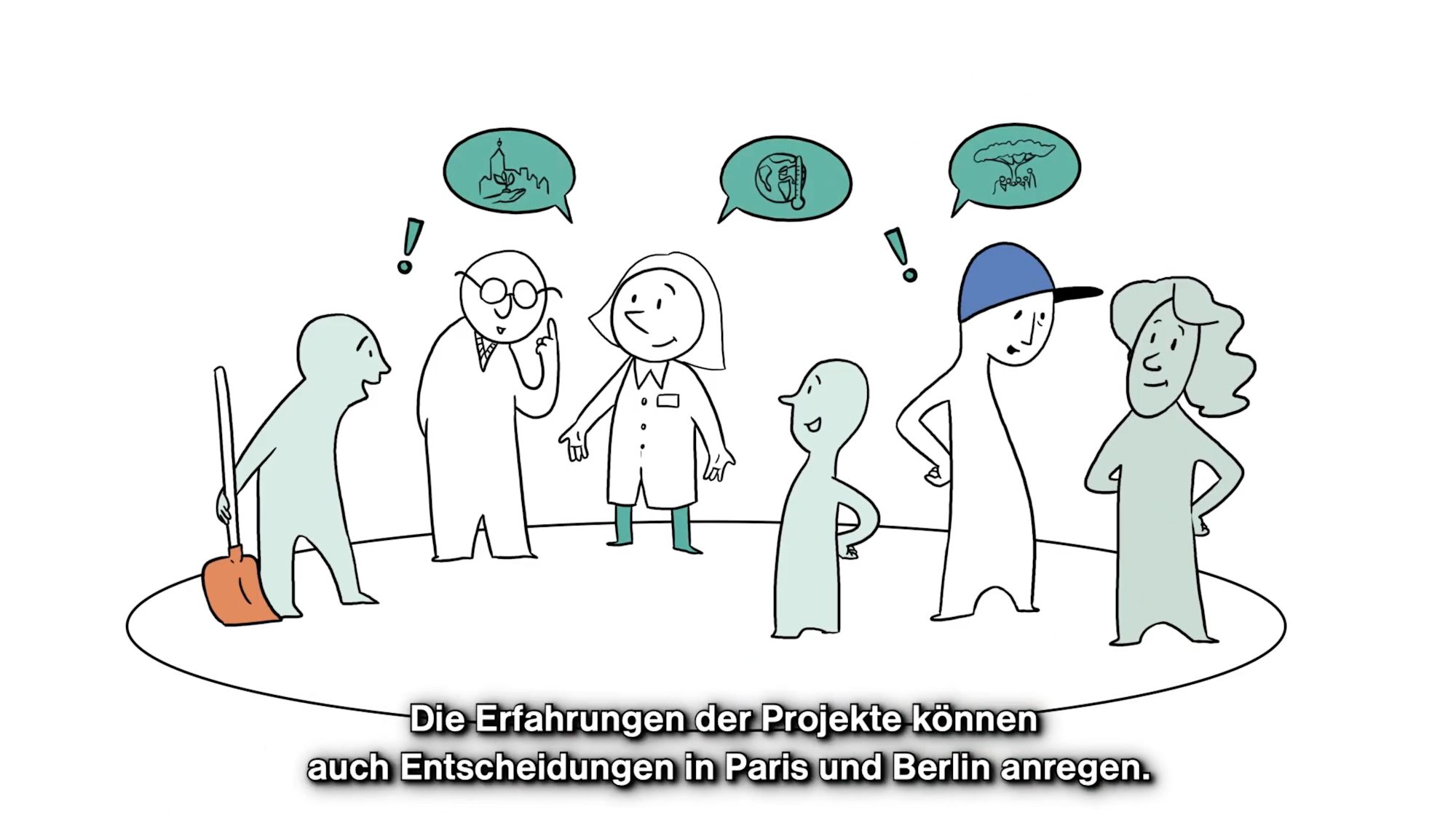 Illustrierte Szene: Personen mit Sprechblasen-Symbolen, Untertitel „Entscheidungen in Paris und Berlin anregen“