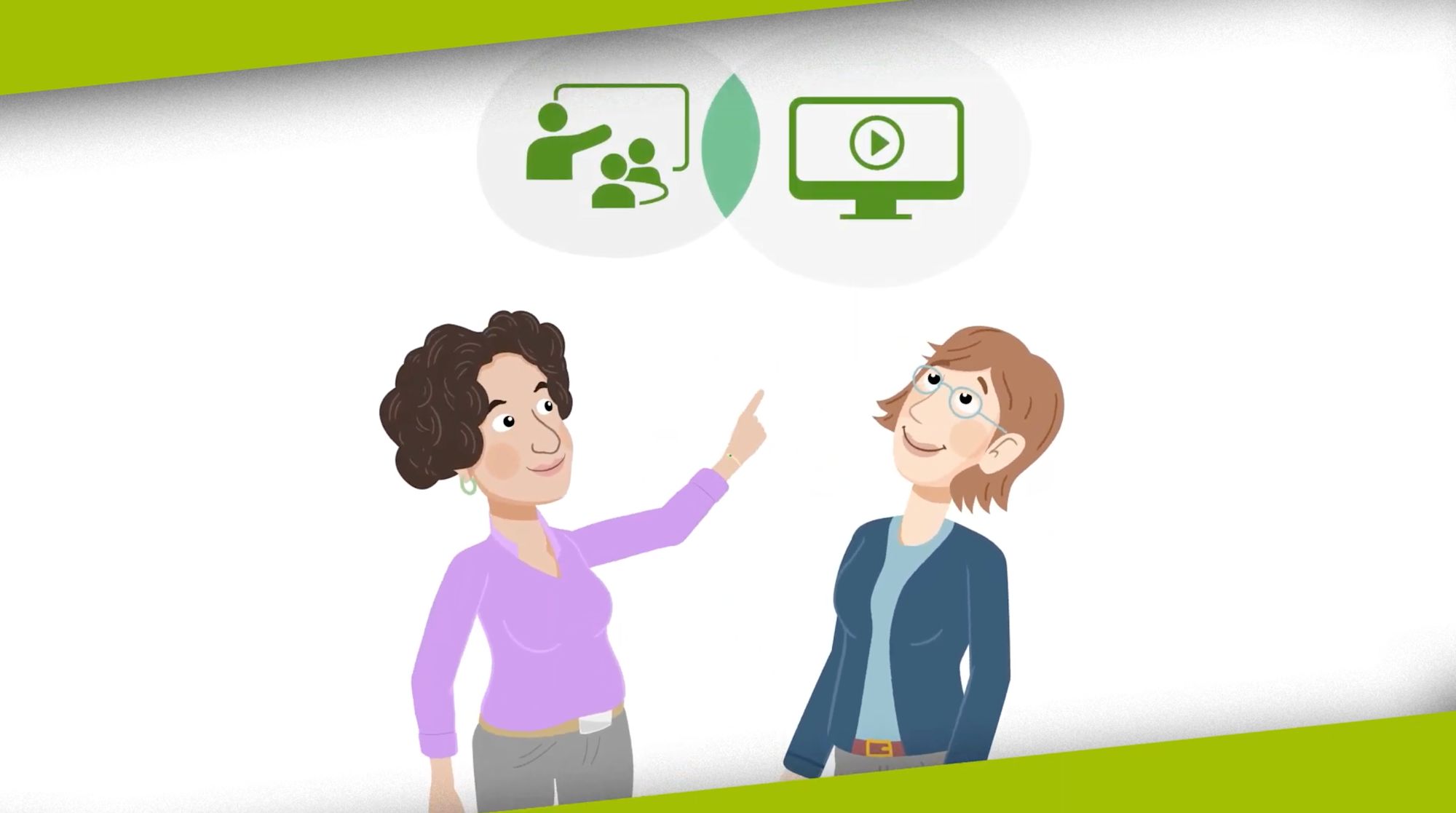 Illustrierte Szene: zwei Frauen zeigen auf Symbole für Präsenzunterricht und Video-Lernen