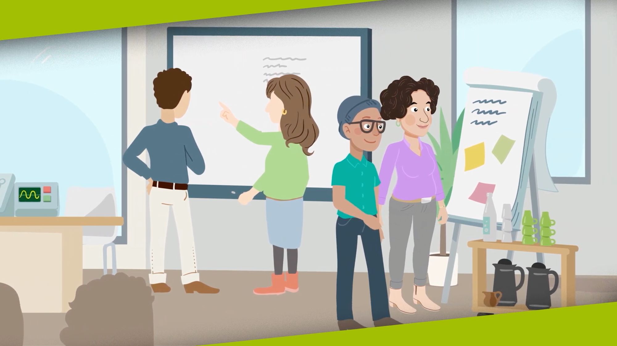 Illustrierte Workshop-Szene: vier Erwachsene besprechen Inhalte vor Whiteboard und Flipchart