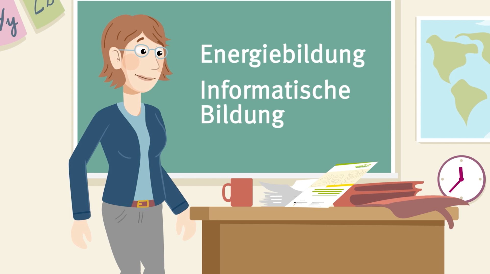 Animierte Szene: Lehrerin vor Tafel mit der Aufschrift „Energiebildung Informatische Bildung“