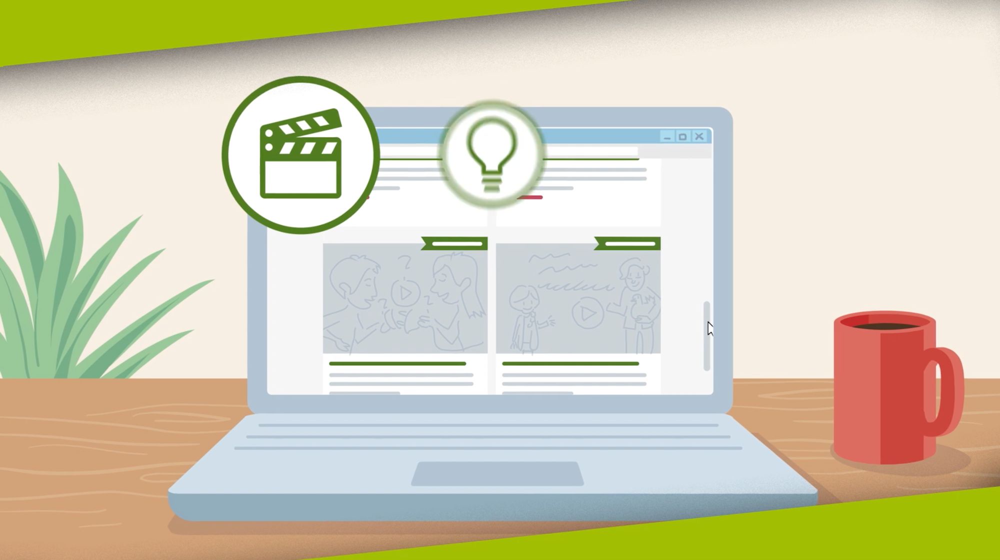 Illustrierte Szene: Laptop zeigt Storyboard-Skizzen neben Symbolen für Film und Idee