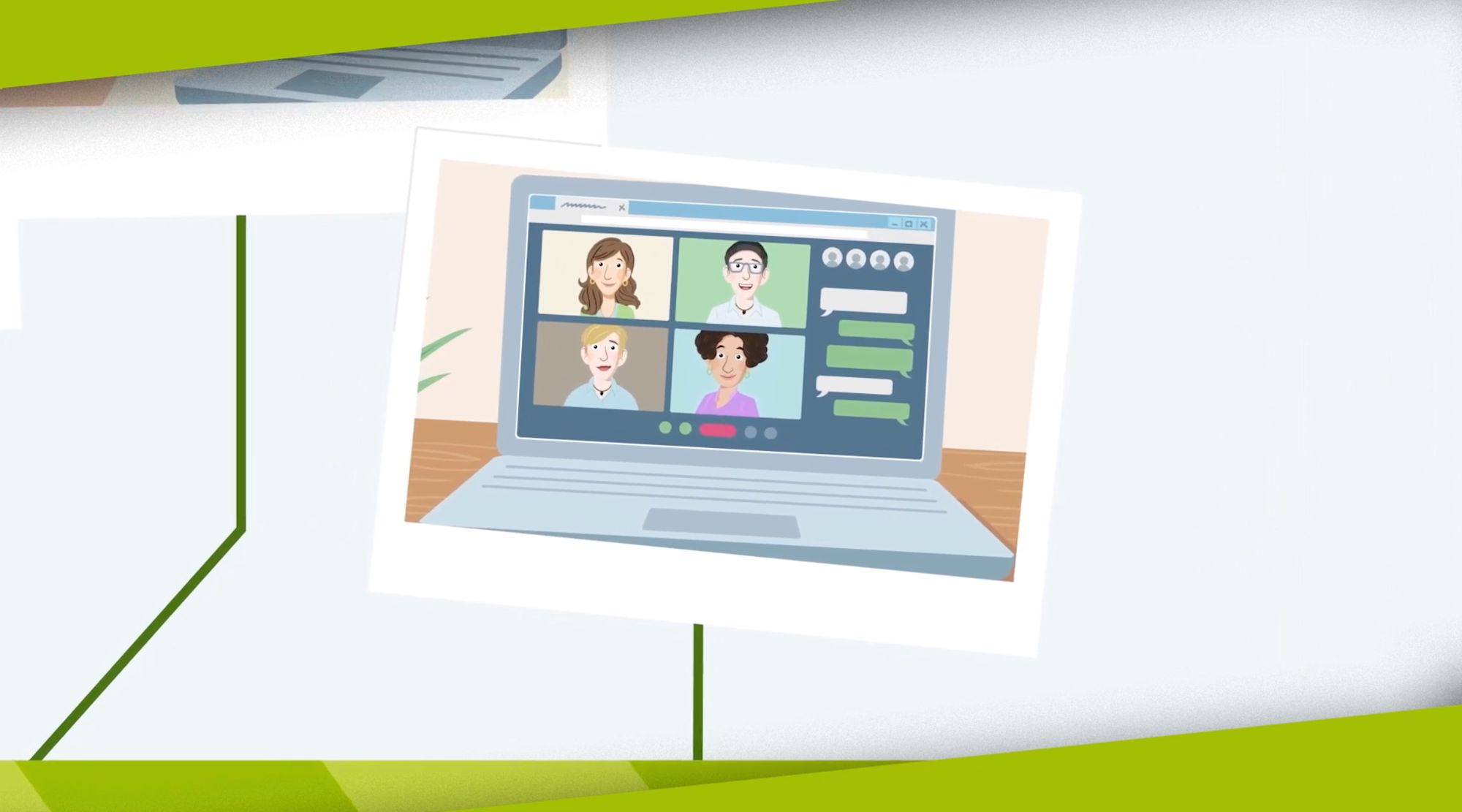 Illustrierte Videokonferenz auf einem Laptop-Bildschirm mit vier Teilnehmenden und Chat