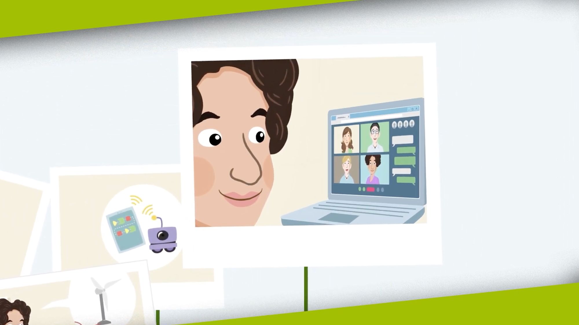 Illustrierte Nahaufnahme einer Frau, die auf eine Videokonferenz am Laptop blickt