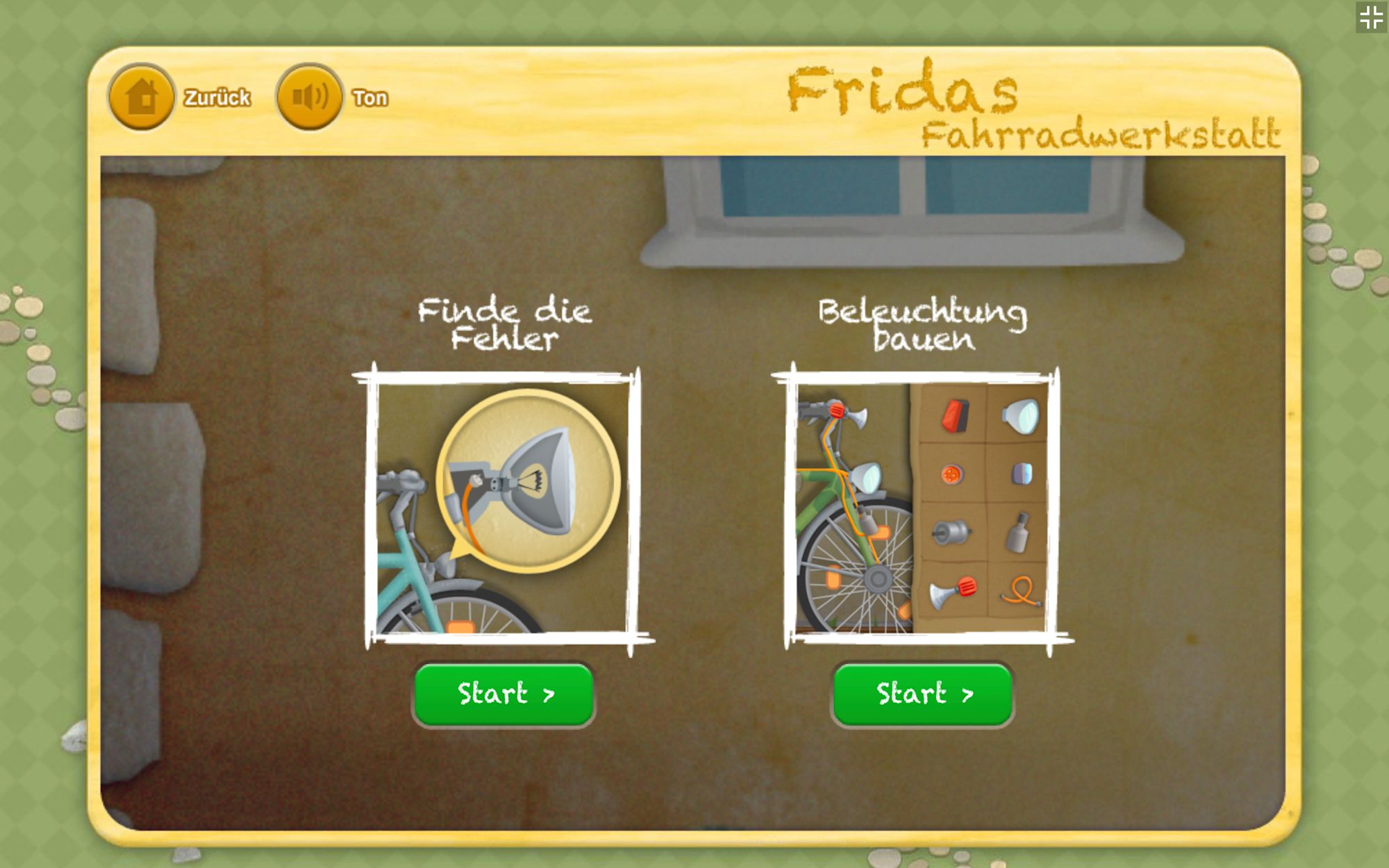 Screenshot der App mit den Menüpunkten „Finde die Fehler“ und „Beleuchtung bauen“