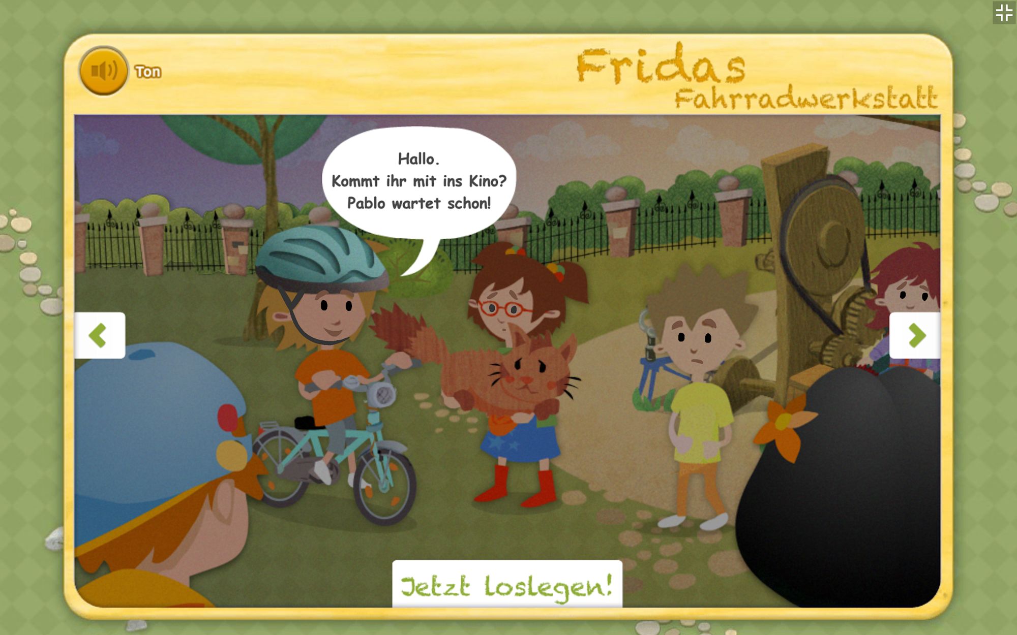Screenshot: Kinder mit Fahrrad und Katze, Sprechblase „Kommt ihr mit ins Kino?“