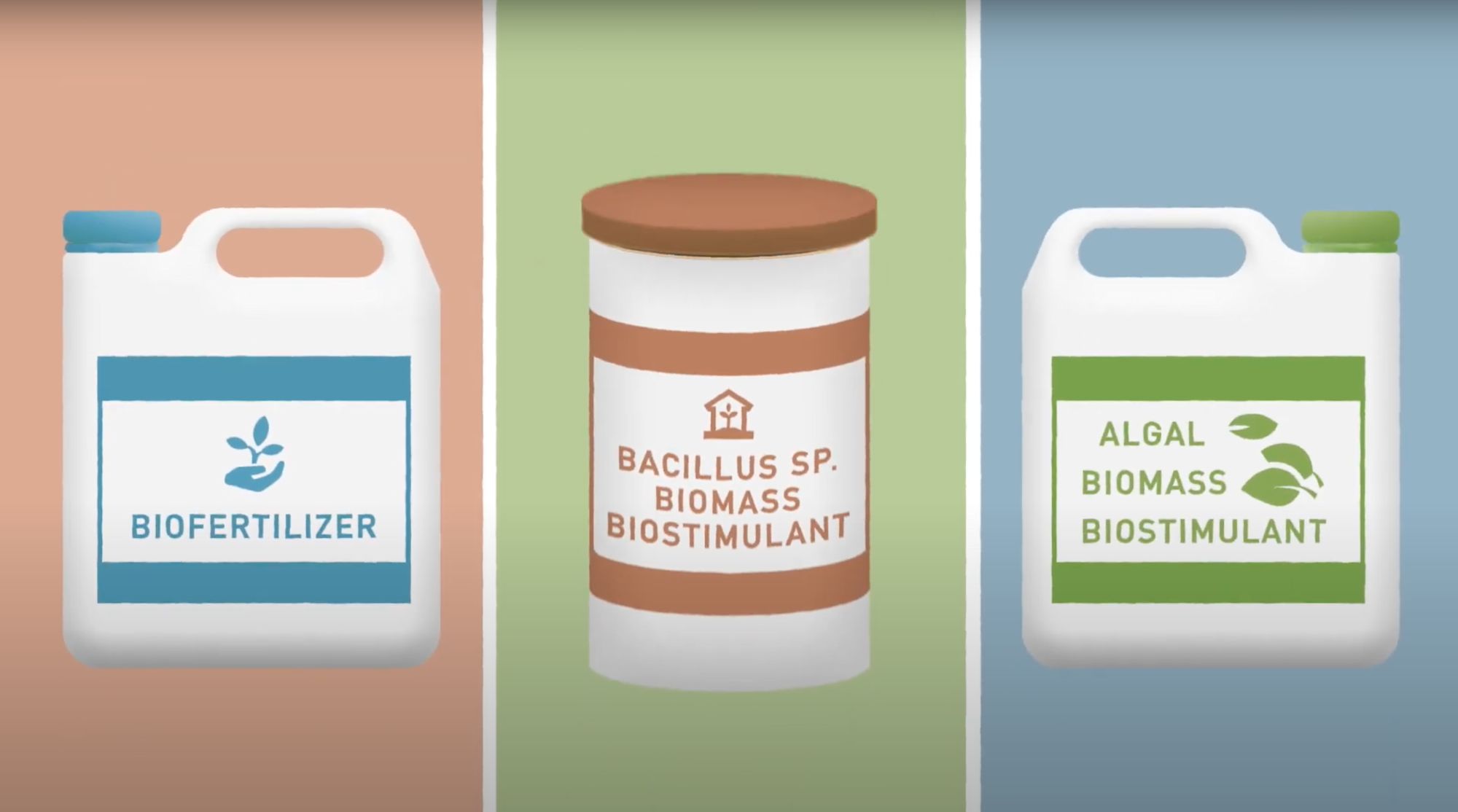 Illustrierte Kanister mit den Aufschriften „Biofertilizer“ und „Biostimulant“