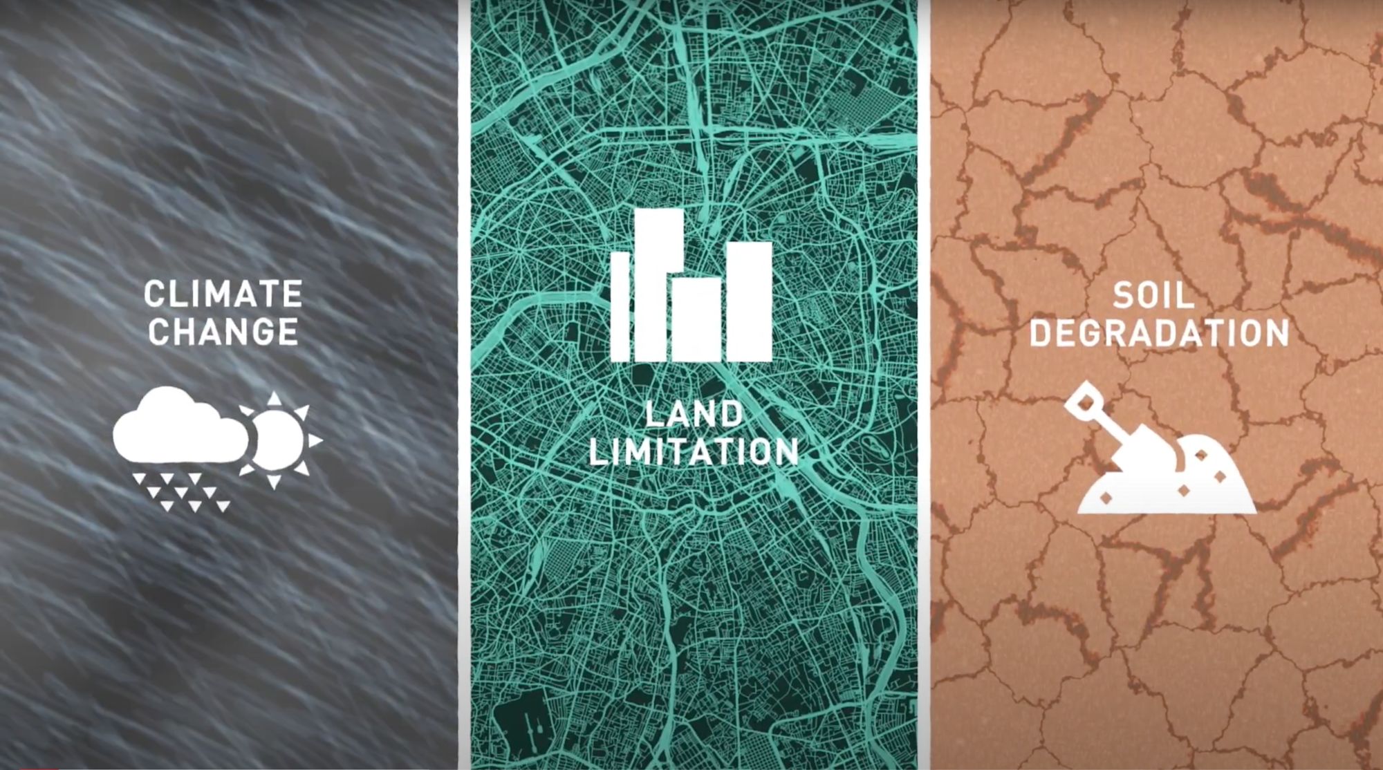 Illustrierte Symbole für Klimawandel, Flächenknappheit und Bodendegradation