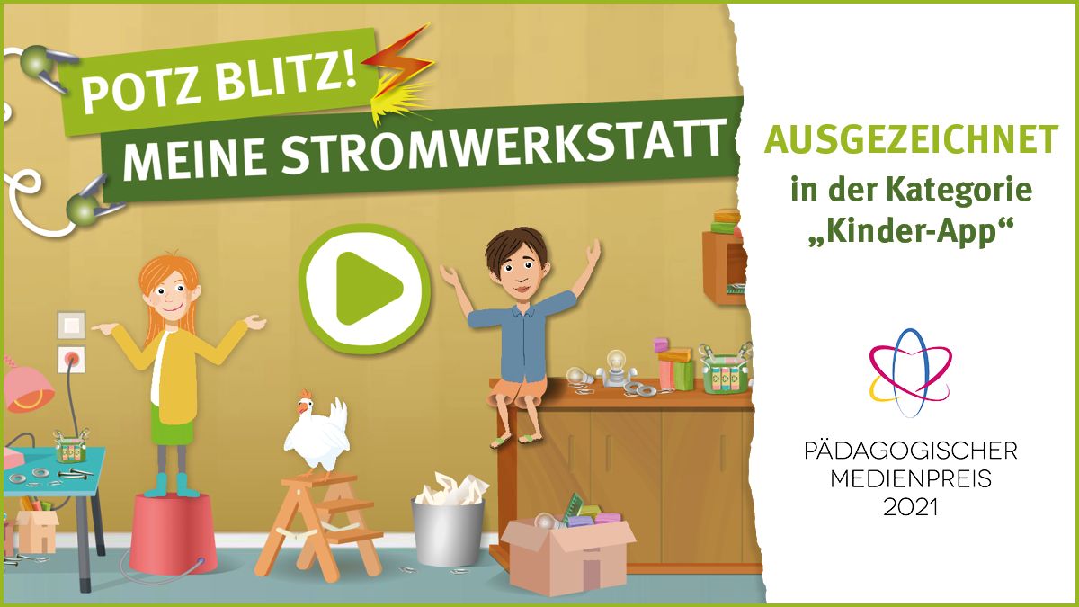 Titelkarte „Potz Blitz! Meine Stromwerkstatt“ mit Auszeichnung Pädagogischer Medienpreis