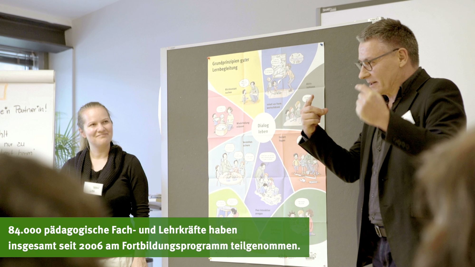 Mann erklärt Poster zu Lernbegleitung, Frau mit Namensschild hört zu