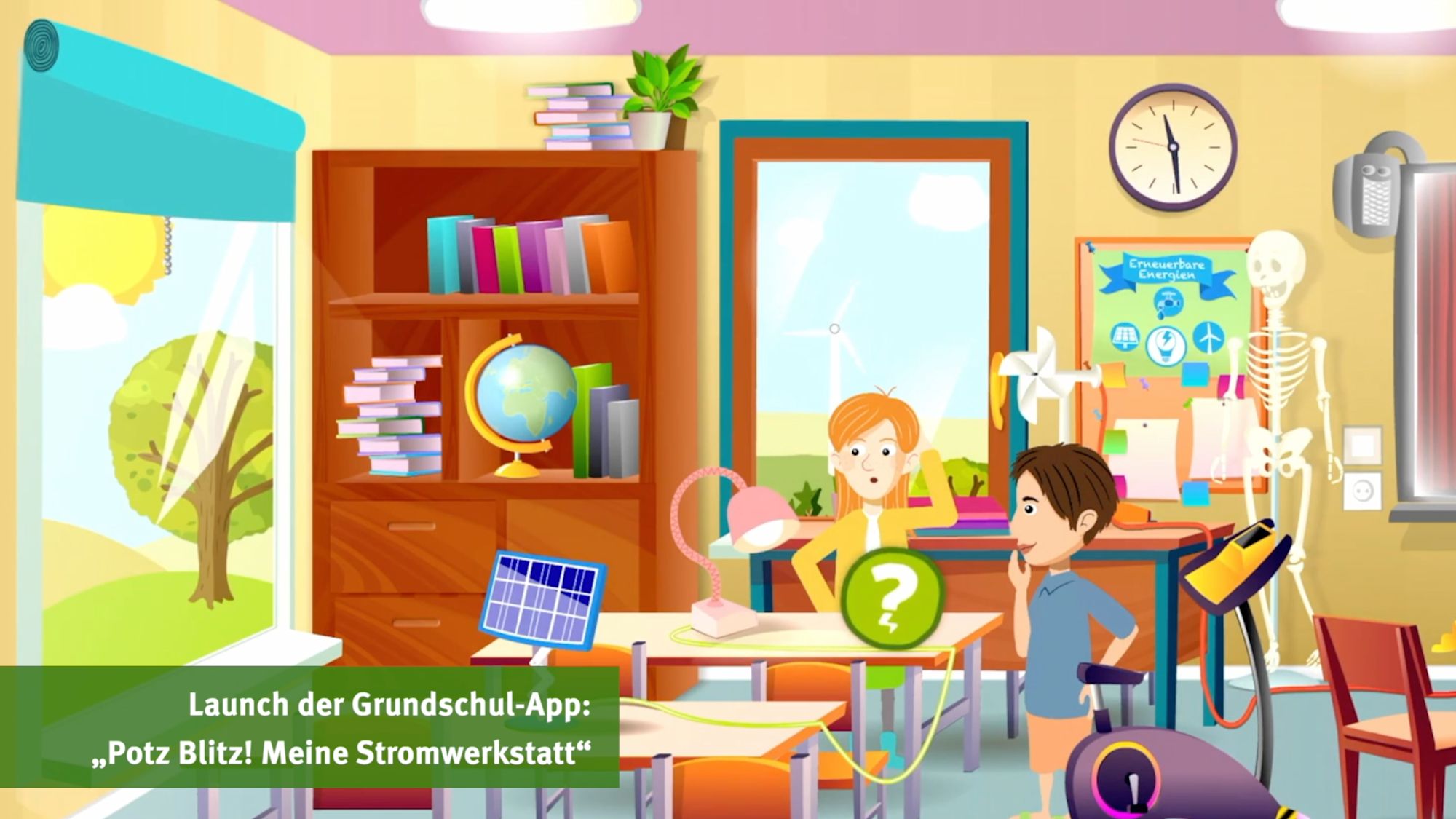 Illustrierte Klassenzimmerszene zweier Kinder beim Launch der Grundschul-App
