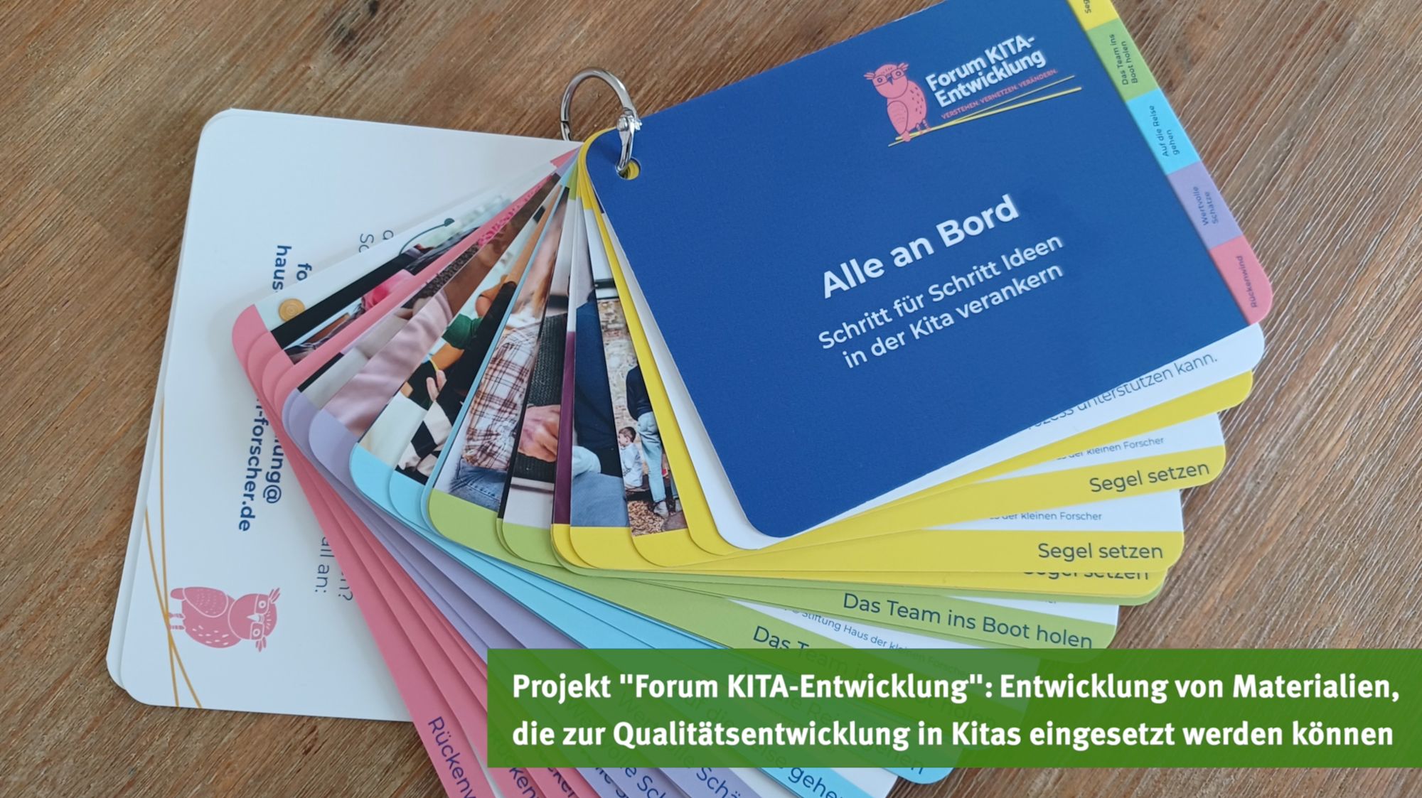 Aufgefächerter Kartensatz „Forum Kita-Entwicklung“ liegt auf Holztisch