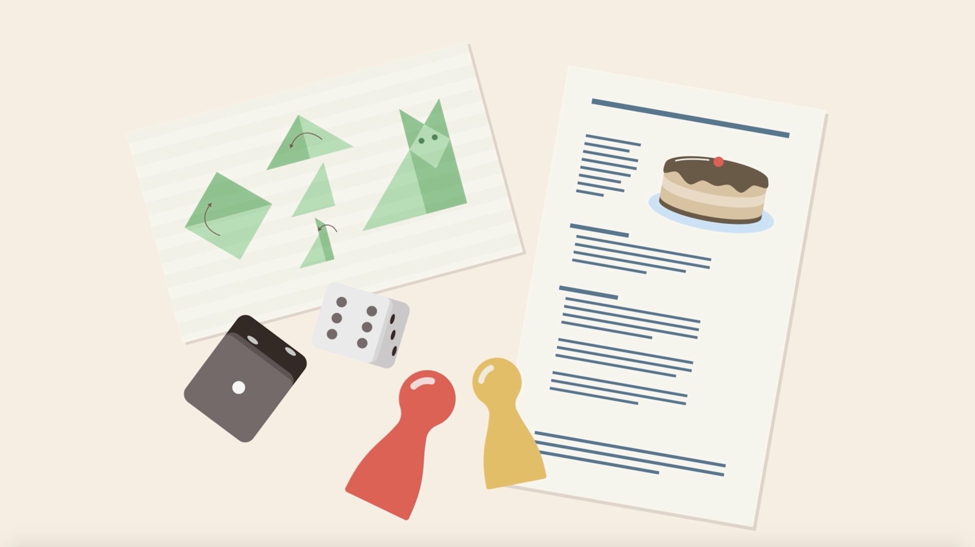 Illustration von Faltanleitung, Würfeln, Spielfiguren und einem Blatt mit Kuchenbild