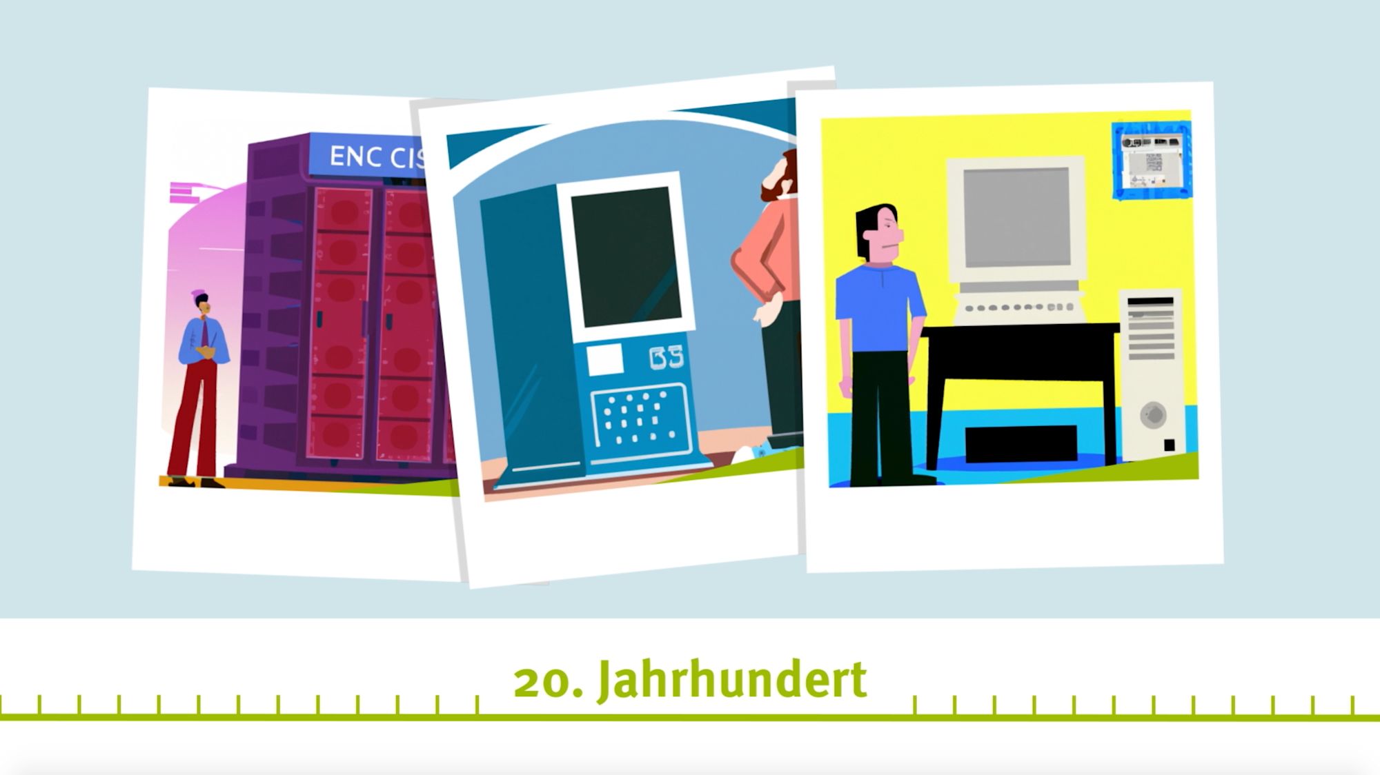 Illustrierte Polaroids zu Großrechner, Automat und PC, Zeitmarke 20. Jahrhundert