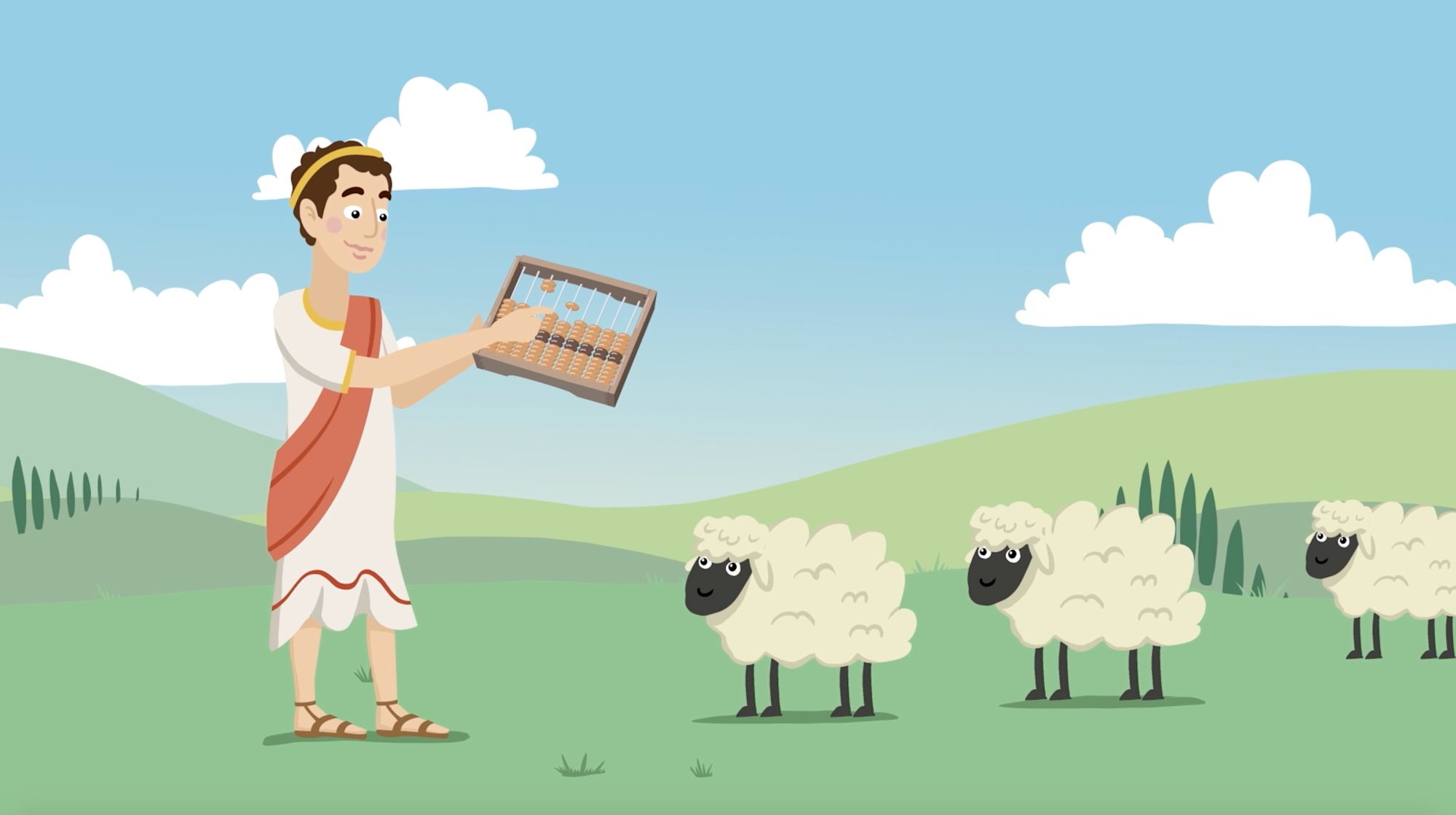 Illustrierte Szene: Mann in antiker Toga zählt Schafe mit einem Abakus