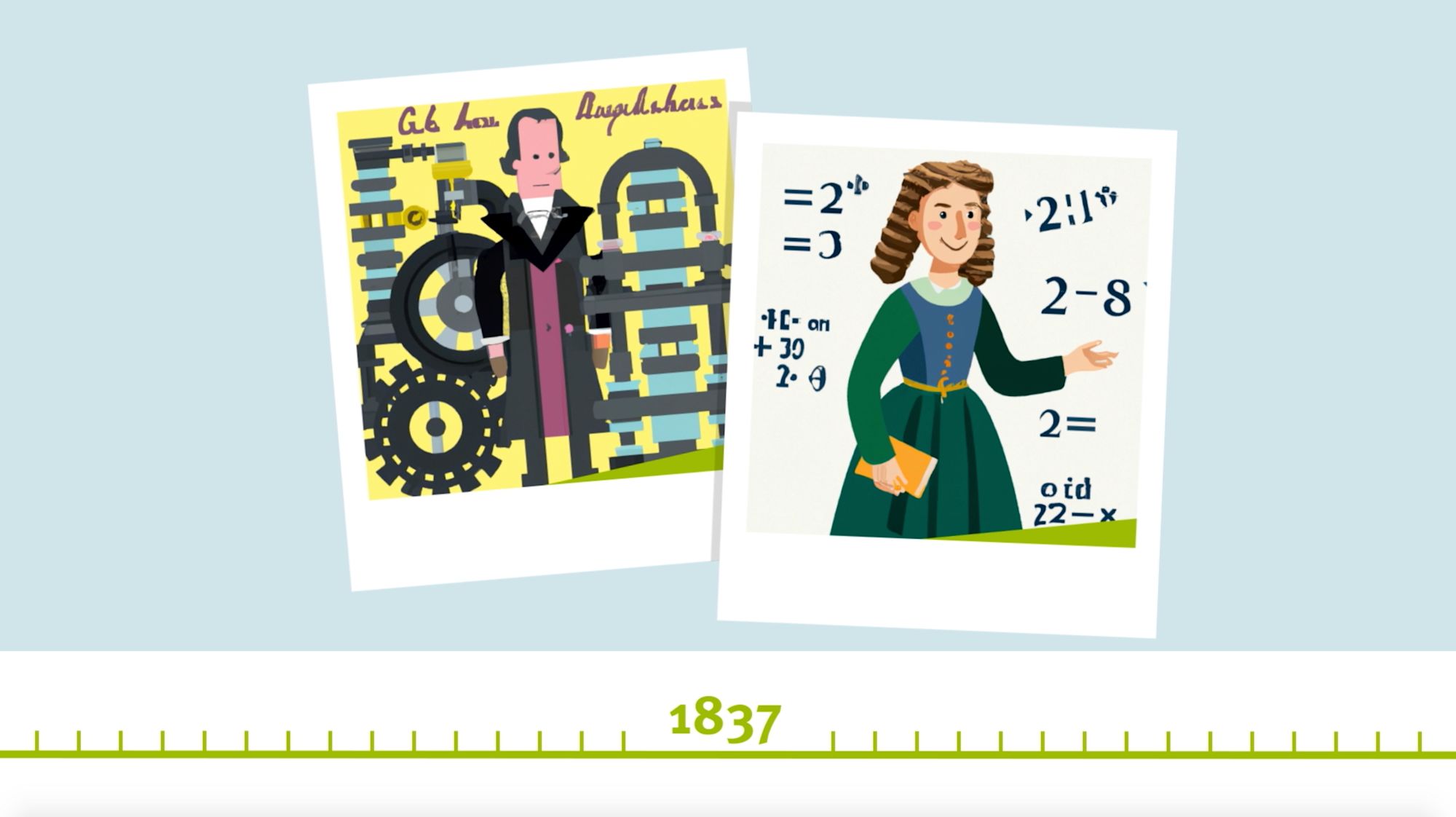 Illustrierte Doppelporträts: Erfinder an Rechenmaschine und Frau mit Formeln, Zeitmarke 1837