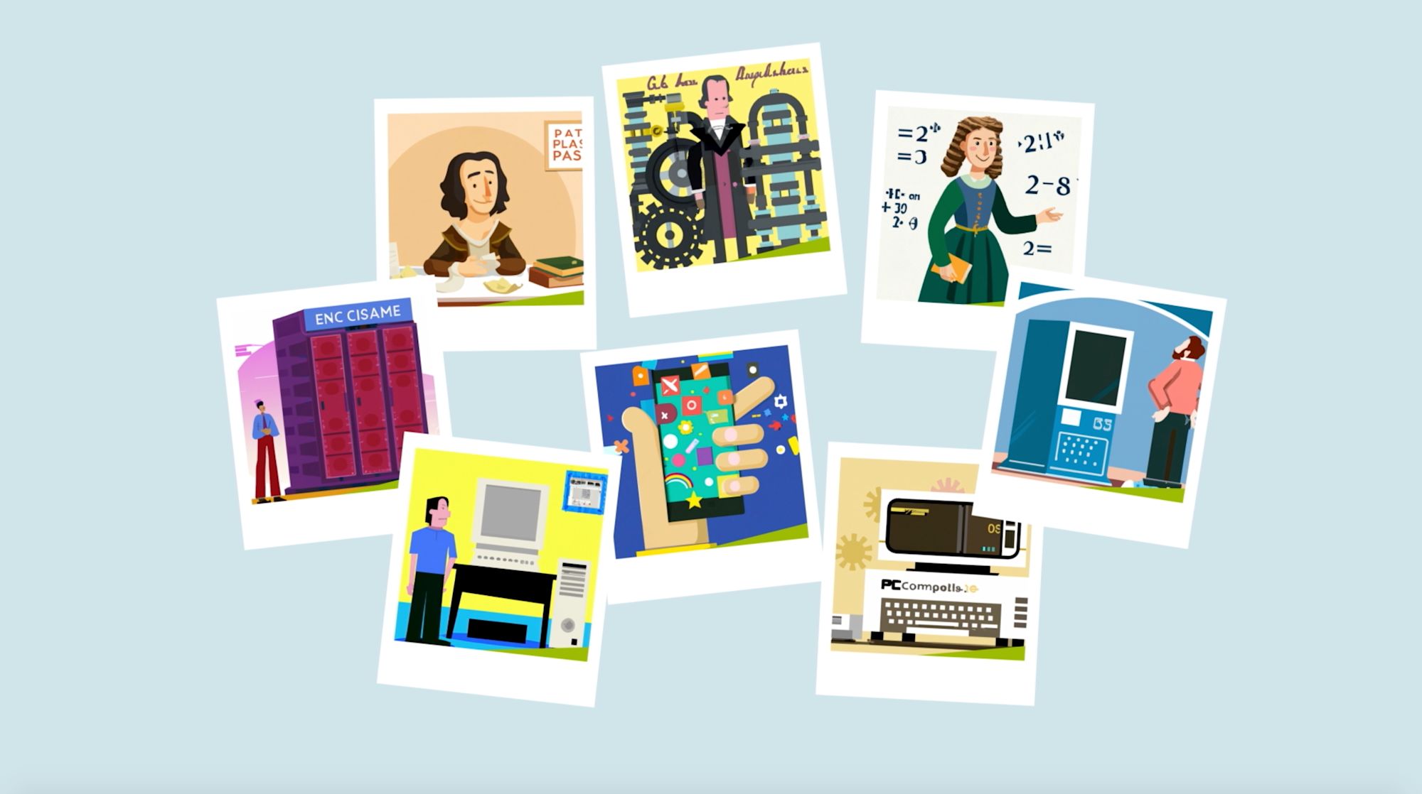 Illustrierte Bildercollage mit mehreren Meilensteinen der Computergeschichte