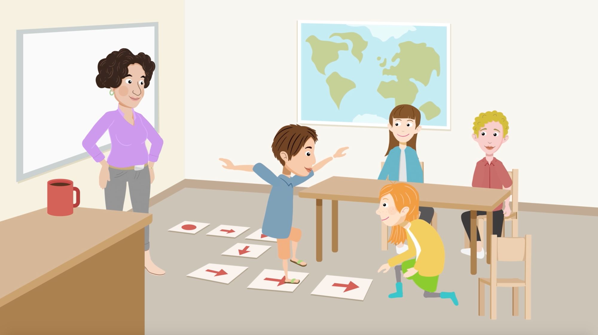 Illustrierte Szene: Kinder folgen Pfeilkarten am Boden, Lehrerin beobachtet