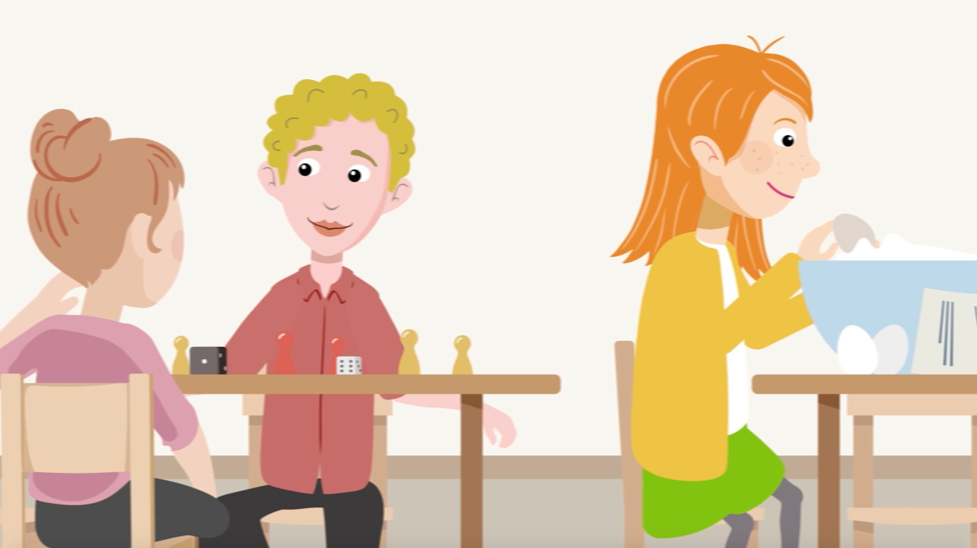 Illustrierte Szene: Kinder spielen ein Würfelspiel, im Hintergrund wird gebacken
