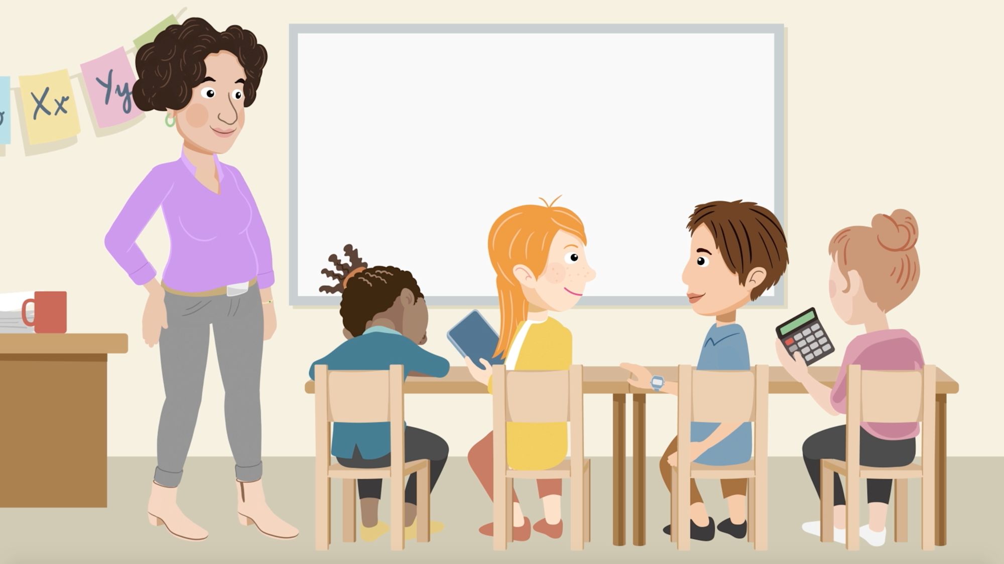 Illustrierte Klassenzimmerszene: Lehrerin vor Schülern mit Taschenrechner und Tablet