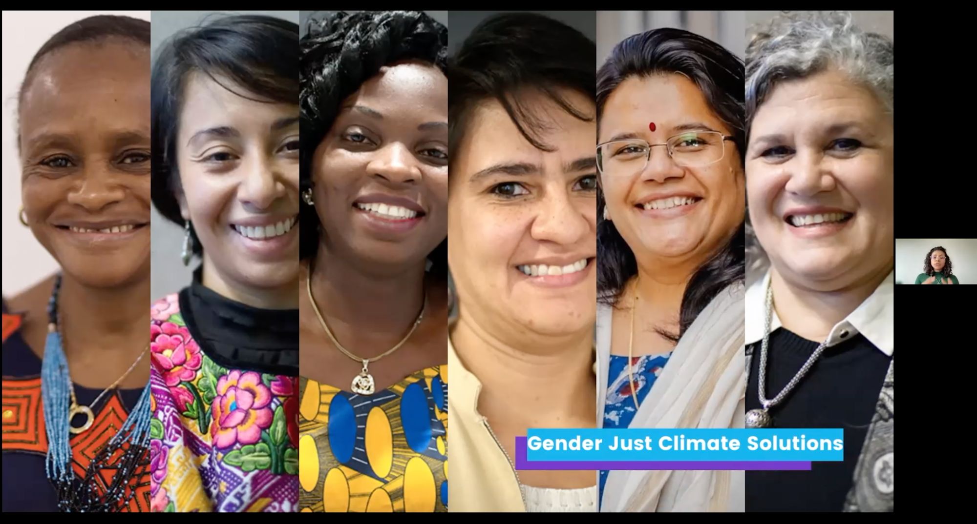 Porträtcollage von sechs Frauen mit dem Schriftzug „Gender Just Climate Solutions“